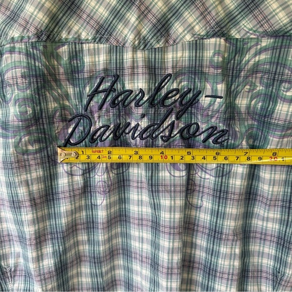 Harley-Davidson Large Short Sleeve Embroidered Blue Purple Silver Plaid Buttonup - Picture 7 of 8